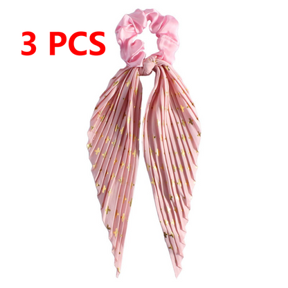 Printed Pleated Scarf Scrunchie, Elegant Long Ribbon Hair Tie for Women's Ponytail Hair Accessories (3 Pcs) - Pink Kemu |Fashion Home Kitchen Beauty