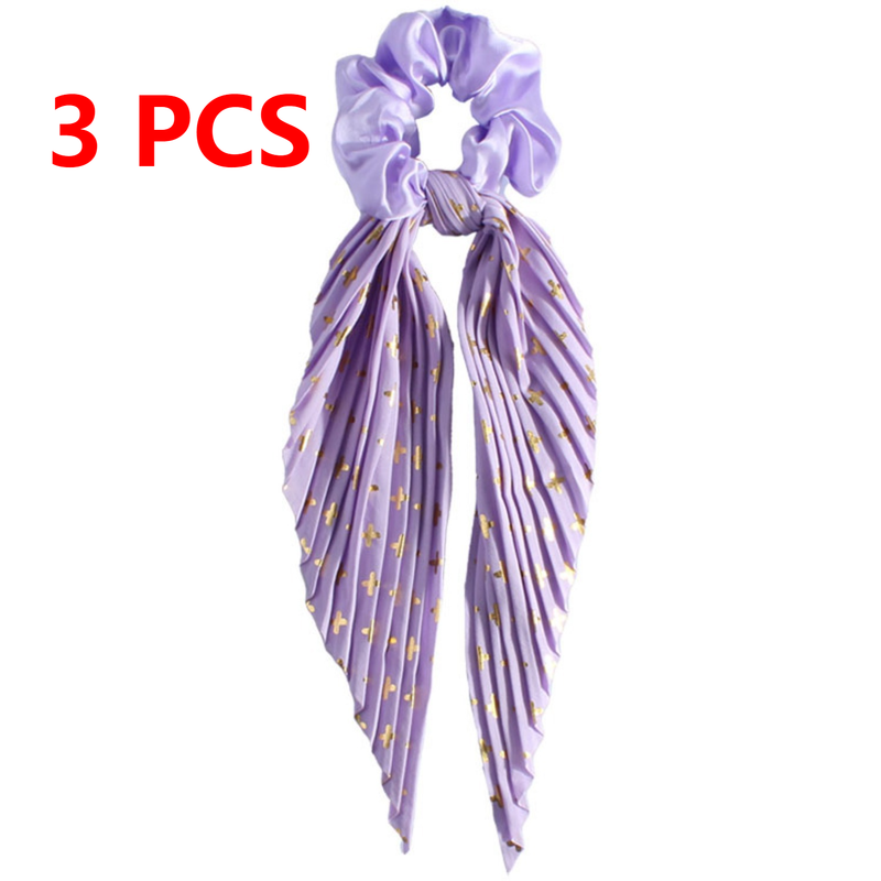Printed Pleated Scarf Scrunchie, Elegant Long Ribbon Hair Tie for Women—Ponytail Hair Accessories (3-Pack)—Purple Kemu |Fashion Home Kitchen Beauty