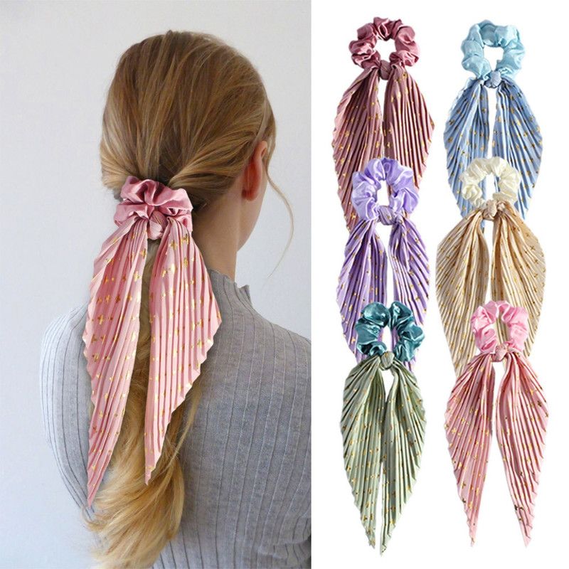 Printed Pleated Scarf Scrunchie, Elegant Long Ribbon Hair Tie for Women—Ponytail Hair Accessories (3-Pack)—Purple Kemu |Fashion Home Kitchen Beauty
