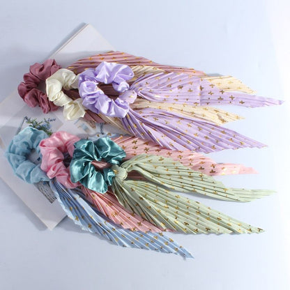 Printed Pleated Scarf Scrunchie, Elegant Long Ribbon Hair Tie for Women—Ponytail Hair Accessories (3-Pack)—Purple Kemu |Fashion Home Kitchen Beauty