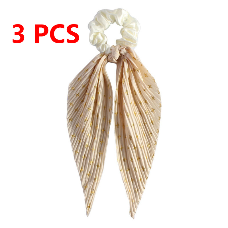 Printed Pleated Scarf Scrunchie, Elegant Long Ribbon Hair Tie for Women—Ponytail Hair Accessories (3-Pack)—Yellow Kemu |Fashion Home Kitchen Beauty