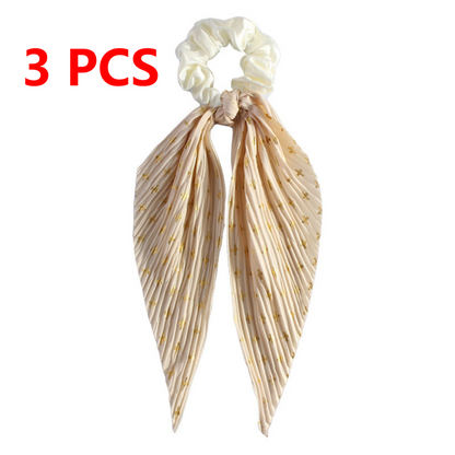 Printed Pleated Scarf Scrunchie, Elegant Long Ribbon Hair Tie for Women—Ponytail Hair Accessories (3-Pack)—Yellow Kemu |Fashion Home Kitchen Beauty