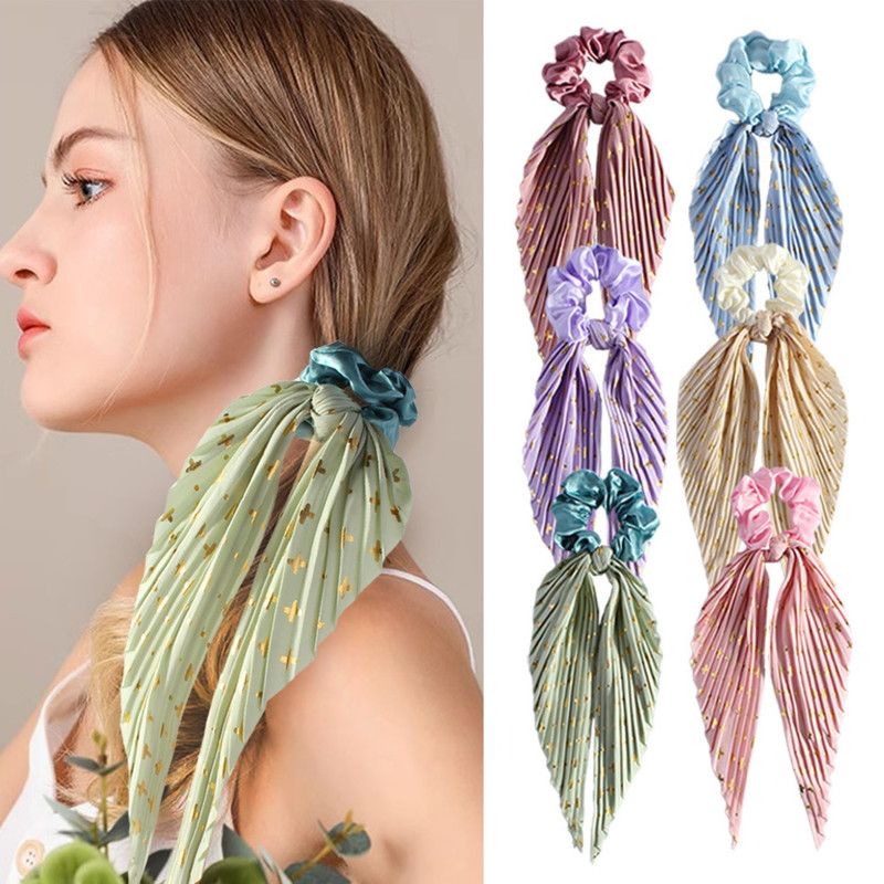 Printed Pleated Scarf Scrunchie, Elegant Long Ribbon Hair Tie for Women—Ponytail Hair Accessories (3-Pack)—Yellow Kemu |Fashion Home Kitchen Beauty