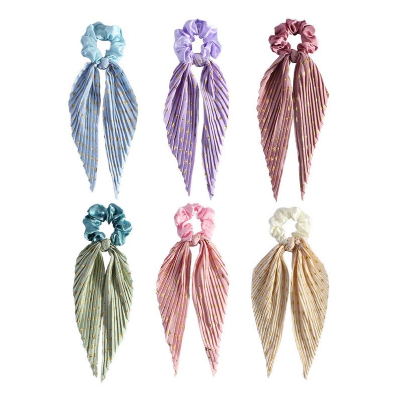 Printed Pleated Scarf Scrunchie, Elegant Long Ribbon Hair Tie for Women—Ponytail Hair Accessories (3-Pack)—Yellow Kemu |Fashion Home Kitchen Beauty