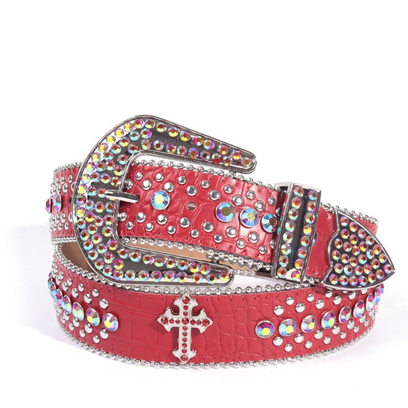 Y2K Bling Rhinestone Belt for Women Glitter Cross Studded Waist Strap Croc Texture Adjustable 105cm Dress Belt-Red Kemu |Fashion Home Kitchen Beauty