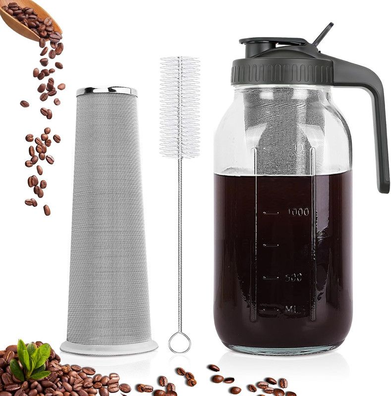 Cold Brew Coffee Maker, 64 oz Mason Jar Pitcher with Stainless Steel Filter, Pour Spout Handle Lid, Airtight & Leak-Proof for Iced Coffee,Tea & Lemonade Kemu |Fashion Home Kitchen Beauty