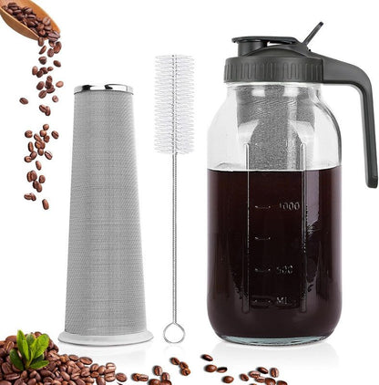Cold Brew Coffee Maker, 64 oz Mason Jar Pitcher with Stainless Steel Filter, Pour Spout Handle Lid, Airtight & Leak-Proof for Iced Coffee,Tea & Lemonade Kemu |Fashion Home Kitchen Beauty