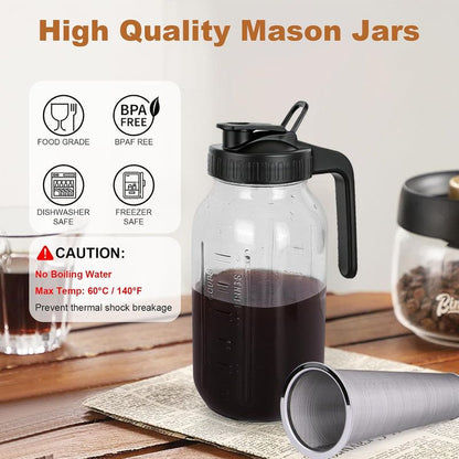 Cold Brew Coffee Maker, 64 oz Mason Jar Pitcher with Stainless Steel Filter, Pour Spout Handle Lid, Airtight & Leak-Proof for Iced Coffee,Tea & Lemonade Kemu |Fashion Home Kitchen Beauty