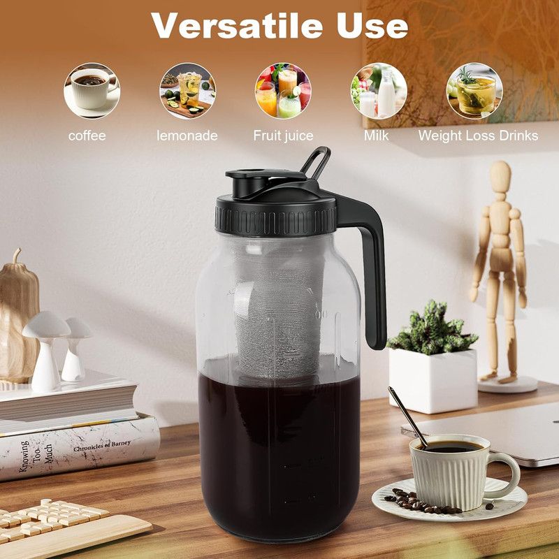 Cold Brew Coffee Maker, 64 oz Mason Jar Pitcher with Stainless Steel Filter, Pour Spout Handle Lid, Airtight & Leak-Proof for Iced Coffee,Tea & Lemonade Kemu |Fashion Home Kitchen Beauty
