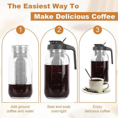 Cold Brew Coffee Maker, 64 oz Mason Jar Pitcher with Stainless Steel Filter, Pour Spout Handle Lid, Airtight & Leak-Proof for Iced Coffee,Tea & Lemonade Kemu |Fashion Home Kitchen Beauty
