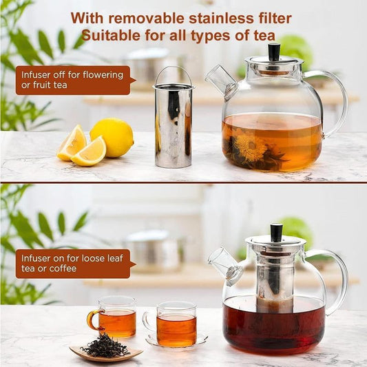 1500ml Glass Teapot with Removable Infuser, Stovetop Safe Large Tea Pot, Blooming and Loose Leaf Hand Crafted Kettle for Women and Adult with Stainless Infuser Kemu |Fashion Home Kitchen Beauty