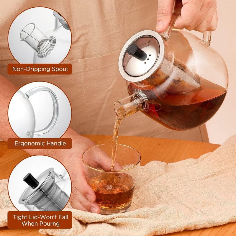 1500ml Glass Teapot with Removable Infuser, Stovetop Safe Large Tea Pot, Blooming and Loose Leaf Hand Crafted Kettle for Women and Adult with Stainless Infuser Kemu |Fashion Home Kitchen Beauty