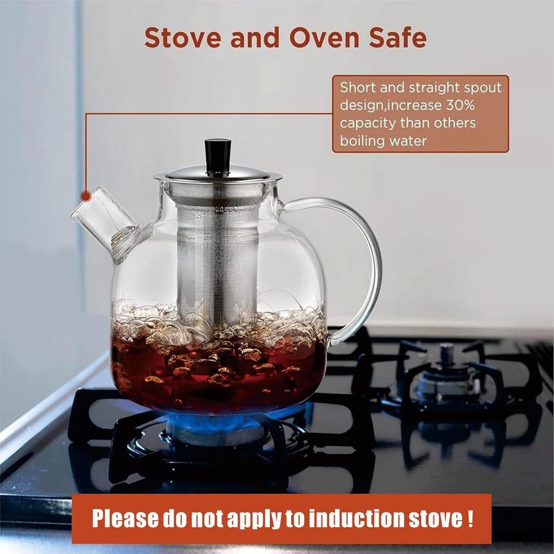 1500ml Glass Teapot with Removable Infuser, Stovetop Safe Large Tea Pot, Blooming and Loose Leaf Hand Crafted Kettle for Women and Adult with Stainless Infuser Kemu |Fashion Home Kitchen Beauty