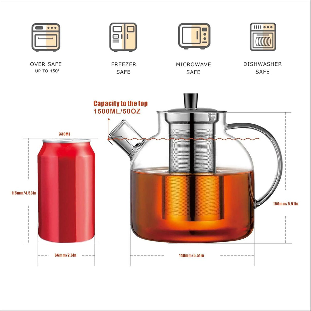 1500ml Glass Teapot with Removable Infuser, Stovetop Safe Large Tea Pot, Blooming and Loose Leaf Hand Crafted Kettle for Women and Adult with Stainless Infuser Kemu |Fashion Home Kitchen Beauty