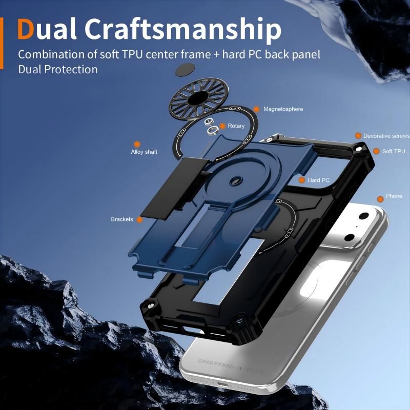 Armor Heavy Duty Magnetic Rotating Ring Kickstand Phone Case For iPhone 13 Pro, Anti-Drop Protective Cover In Blue Kemu |Fashion Home Kitchen Beauty