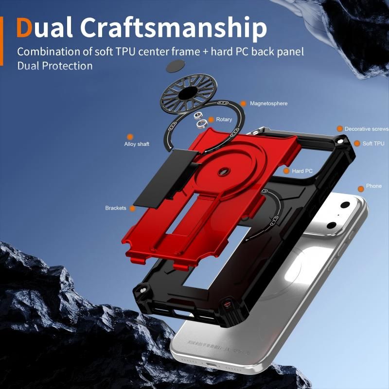 Armor Heavy Duty Magnetic Rotating Ring Kickstand Phone Case For iPhone 15, Anti-Drop Protective Cover In Red Kemu |Fashion Home Kitchen Beauty