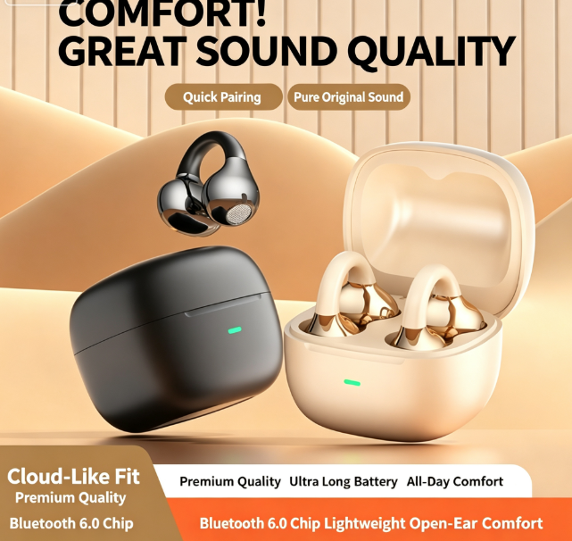 Y63 Zero Pressure Open Ear Wireless Earbuds Bluetooth 6.0 Heavy Bass Headphones，black