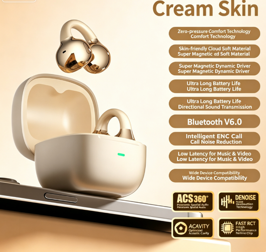 Y63 Zero Pressure Open Ear Wireless Earbuds Bluetooth 6.0 Heavy Bass Headphones，Cream Skin