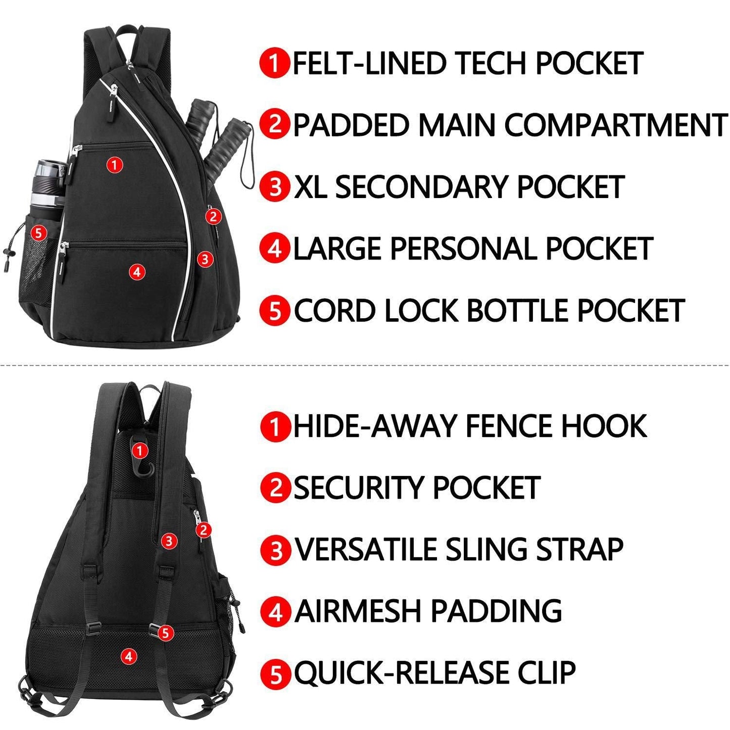 Pickleball Backpack Adjustable Sling Bag With Fence Hook And Large Capacity - Black Kemu |Fashion Home Kitchen Beauty