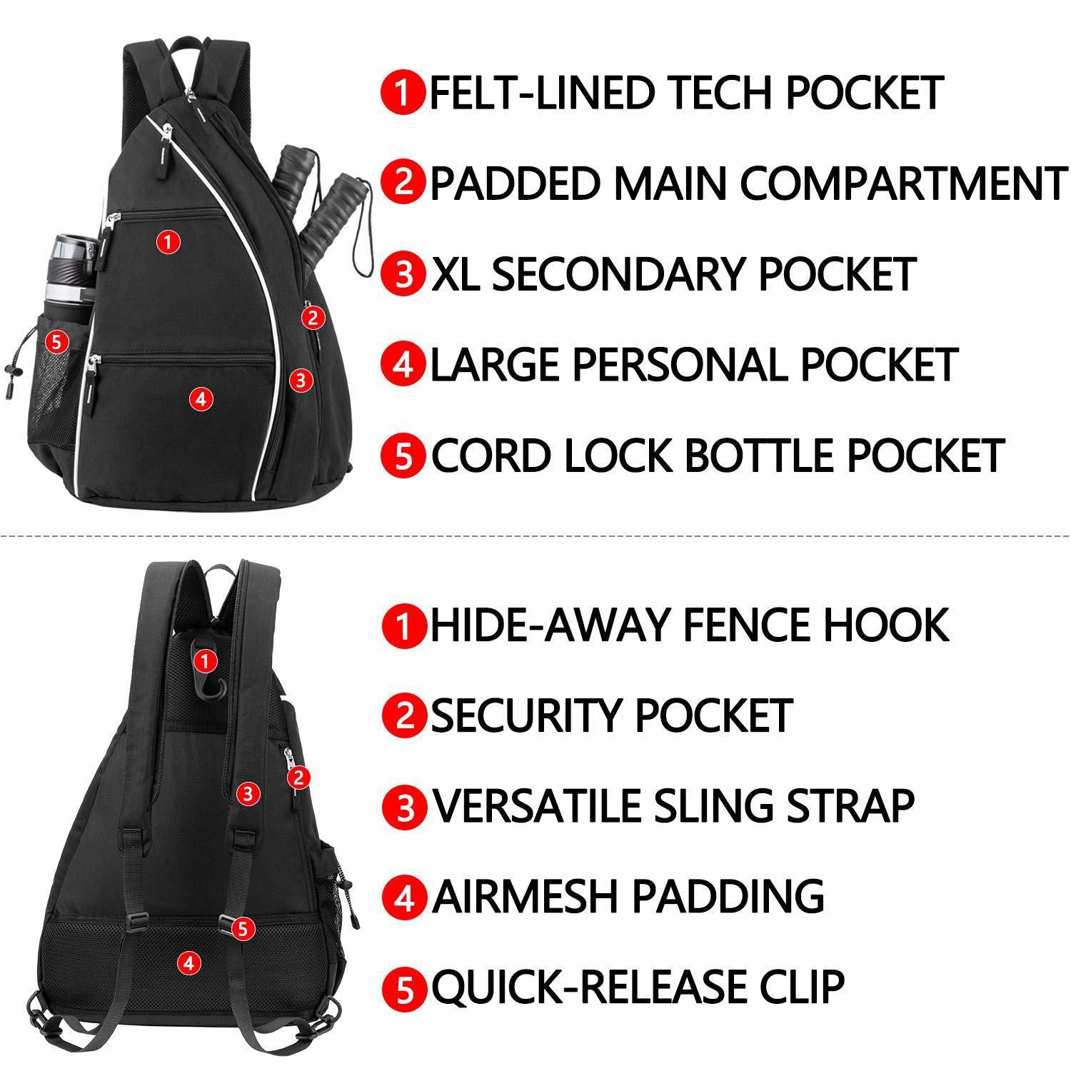 Pickleball Backpack Adjustable Sling Bag With Fence Hook And Large Capacity - Black Kemu |Fashion Home Kitchen Beauty