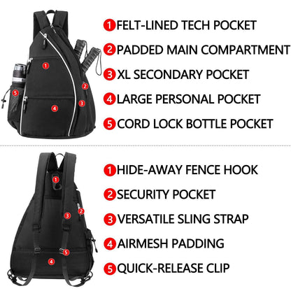 Pickleball Backpack Adjustable Sling Bag With Fence Hook And Large Capacity - Black Kemu |Fashion Home Kitchen Beauty