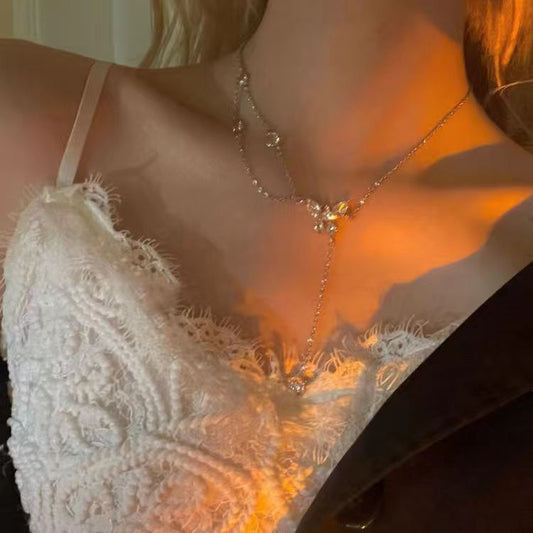Necklace Women Alloy Bow Water Wave Chain Rhinestone butterfly necklace Kemu |Fashion Home Kitchen Beauty