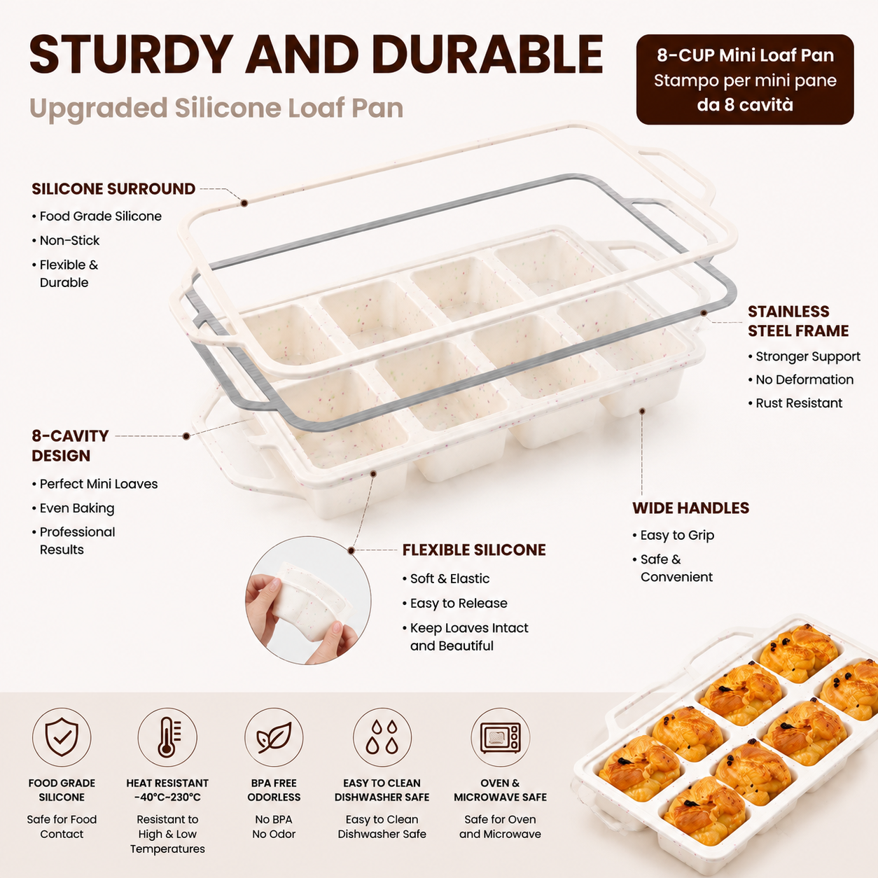 8-Cavity Mini Loaf Pan, Non-Stick Silicone Bread Mold with Sturdy Stainless Steel Frame – Perfect for Baking Individual Breads, Snack Cakes, and Sweet Treats at Home (1PCS) Kemu |Fashion Home Kitchen Beauty
