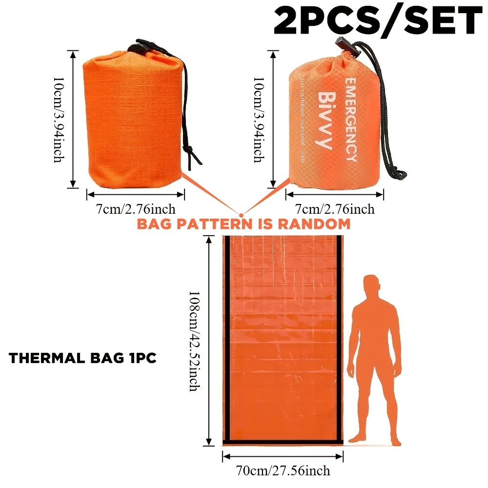 2-Piece Emergency Thermal Sleeping Bag Set – Waterproof, Windproof, and Reflective Survival Blanket with Drawstring Carry Pouch, Compact and Reusable for Camping, Hiking, and Car Emergency Use (Orange) Kemu |Fashion Home Kitchen Beauty