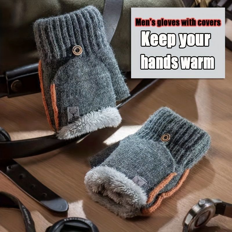Men's Thick Knitted Flip-Top Gloves with Plush Lining, Convertible Design for Touchscreen Use, Winter Warmth for Outdoor Activities and Daily Commute (Lightgray) Kemu |Fashion Home Kitchen Beauty