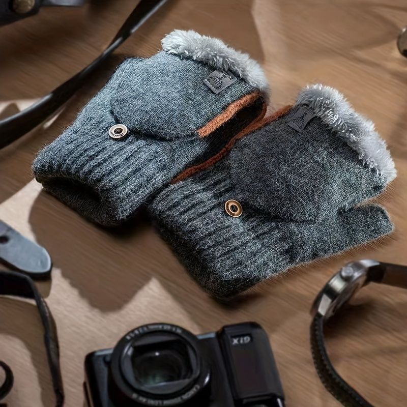 Men's Thick Knitted Flip-Top Gloves with Plush Lining, Convertible Design for Touchscreen Use, Winter Warmth for Outdoor Activities and Daily Commute (Lightgray) Kemu |Fashion Home Kitchen Beauty