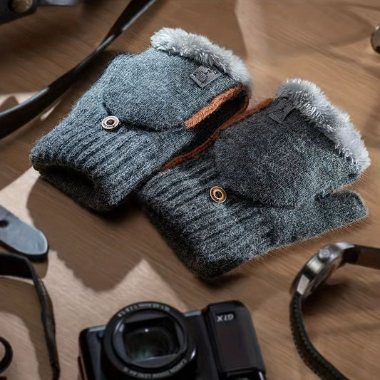 Men's Thick Knitted Flip-Top Gloves with Plush Lining, Convertible Design for Touchscreen Use, Winter Warmth for Outdoor Activities and Daily Commute (Lightgray) Kemu |Fashion Home Kitchen Beauty