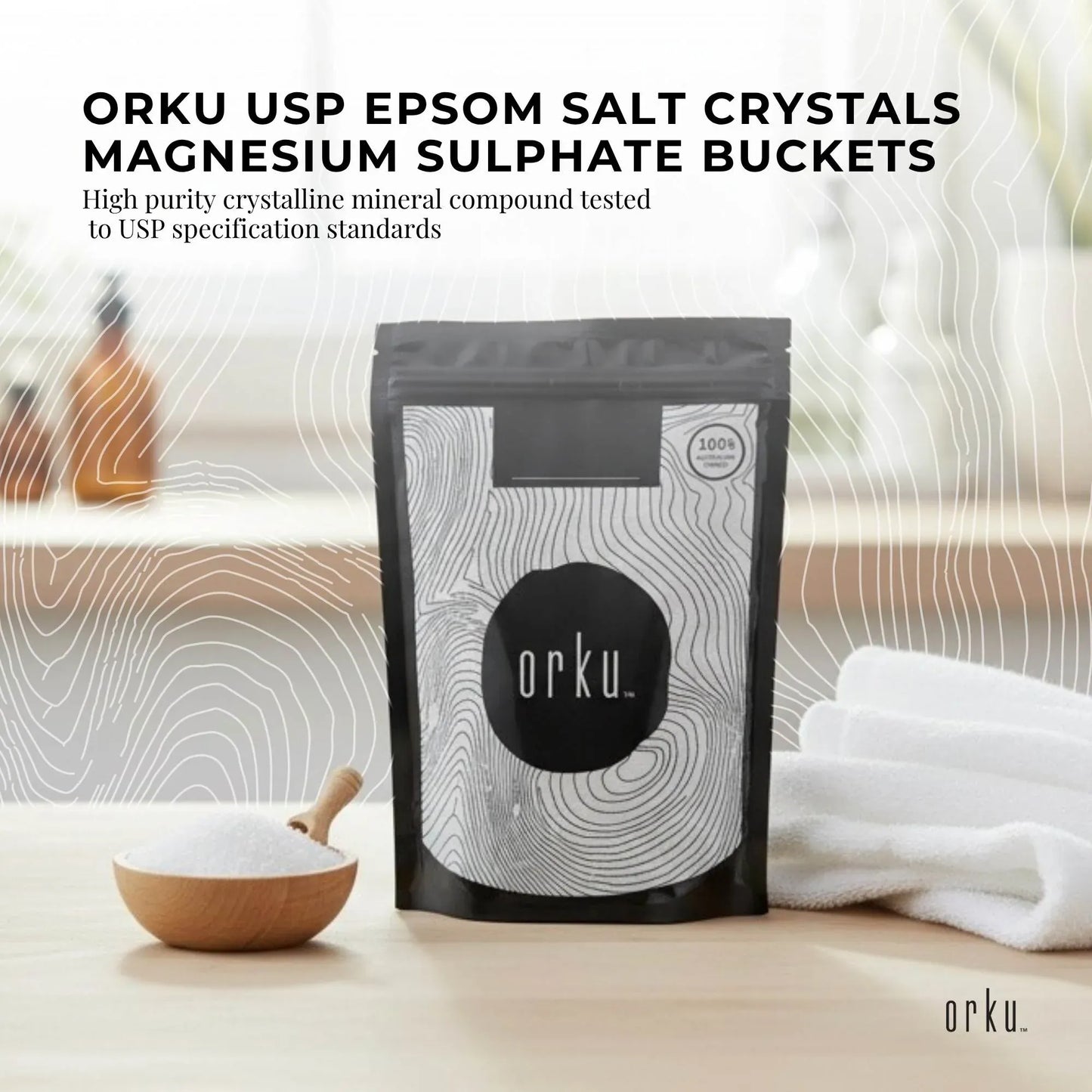 Orku 1Kg USP Epsom Salt Crystals Magnesium Sulphate - Bath Soak Salts