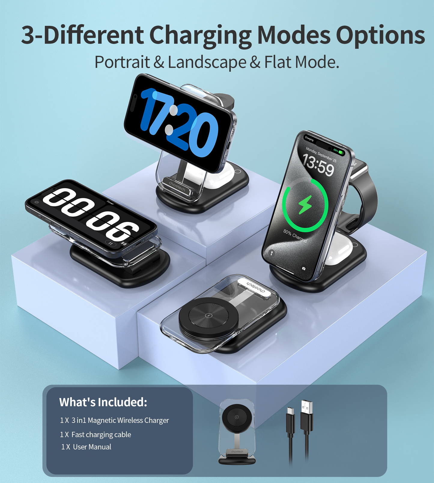 CHOETECH T618-F-BK 3-in-1 15W MagSafe Wireless fast Charger Stand for iPhone i-Watch AirPods w/ Ambient Light Kemu |Fashion Home Kitchen Beauty