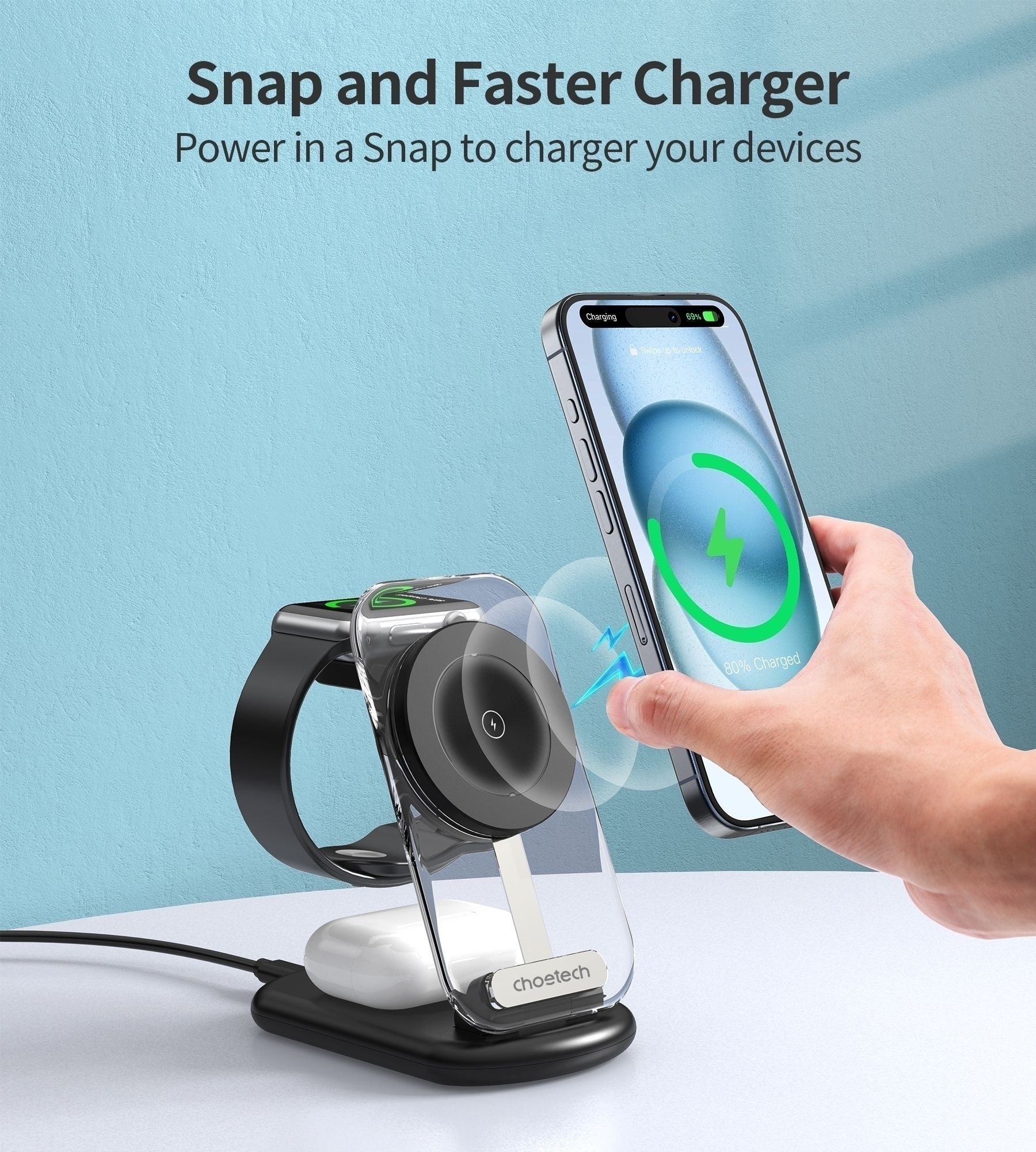 CHOETECH T618-F-BK 3-in-1 15W MagSafe Wireless fast Charger Stand for iPhone i-Watch AirPods w/ Ambient Light Kemu |Fashion Home Kitchen Beauty