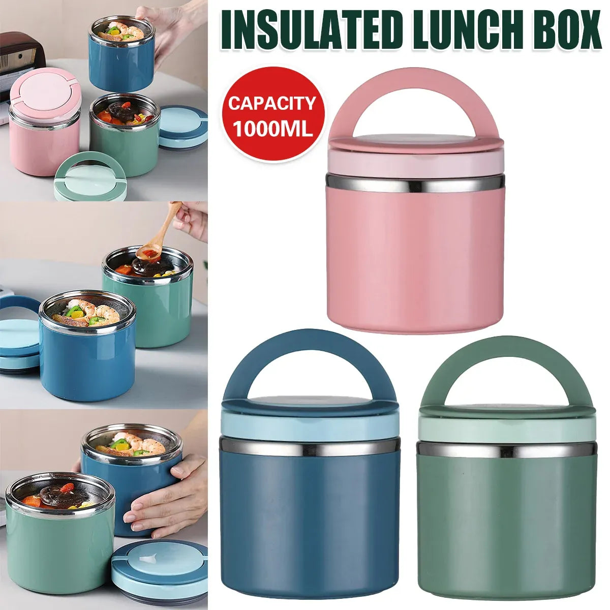 1L Large Capacity Stainless Steel Insulated Lunch Box Food Container Durable - Green Kemu |Fashion Home Kitchen Beauty