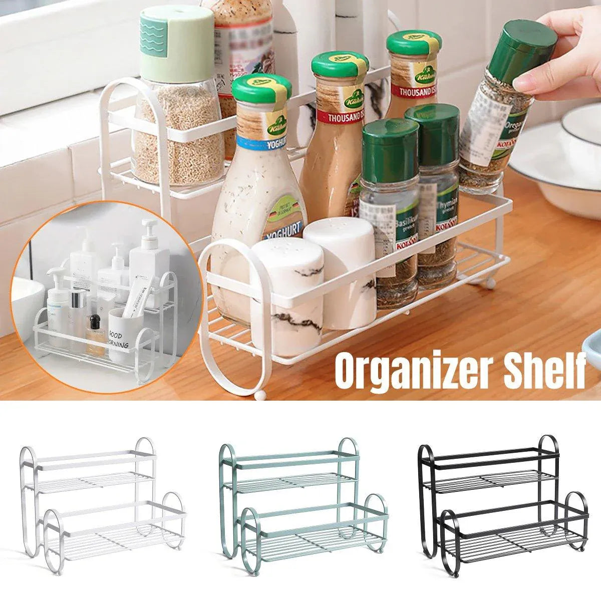 Iron Double Storage Shelf Organiser Durable Metal Rack for Kitchen Bathroom Use - Black Kemu |Fashion Home Kitchen Beauty