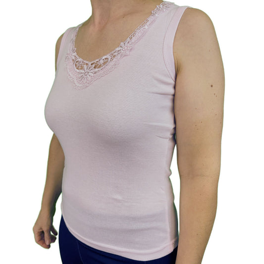 Ladies Sleeveless Singlet Top Womens Summer Basic Tank Shirt Lace Motif Front - Pink - 18-20 Kemu |Fashion Home Kitchen Beauty