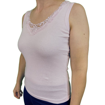 Ladies Sleeveless Singlet Top Womens Summer Basic Tank Shirt Lace Motif Front - Pink - 18-20 Kemu |Fashion Home Kitchen Beauty