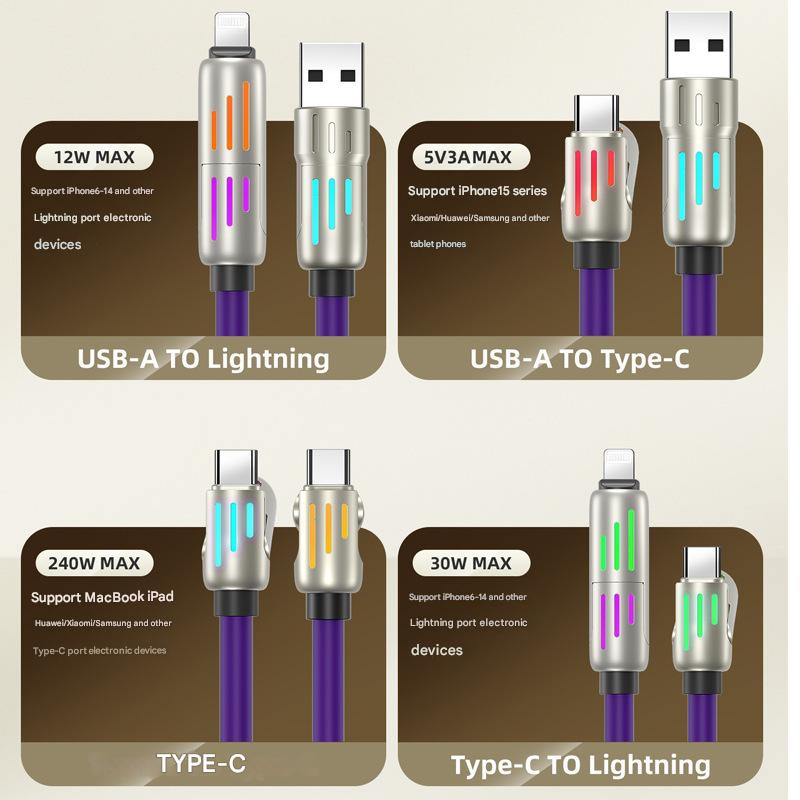 Universal PD Fast Charging Cable with LED Indicator - Zinc Alloy, Durable 1.5m Silicone Cord - Multiple Connector Options(Orange)