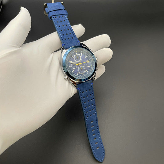 Blue leather strap Elegant Men's Quartz Chronograph Watch with 42mm Case and Perpetual Calendar Kemu |Fashion Home Kitchen Beauty