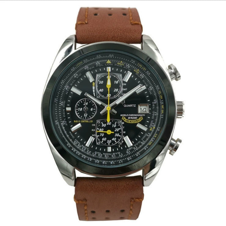 Brown leather black dial watch Elegant Men's Quartz Chronograph Watch with 42mm Case and Perpetual Calendar Kemu |Fashion Home Kitchen Beauty