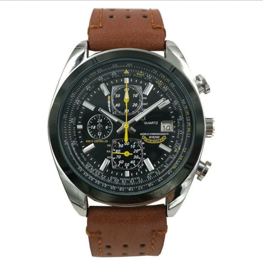 Brown leather black dial watch Elegant Men's Quartz Chronograph Watch with 42mm Case and Perpetual Calendar Kemu |Fashion Home Kitchen Beauty