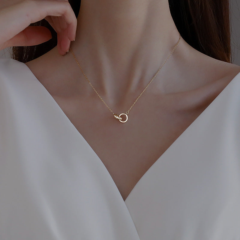 2pc Elegant Interlocking Rings Pendant Necklace with Zirconia Accents - Copper Base, Minimalist Jewelry(Rose gold) Kemu |Fashion Home Kitchen Beauty
