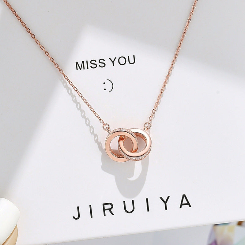 2pc Elegant Interlocking Rings Pendant Necklace with Zirconia Accents - Copper Base, Minimalist Jewelry(Rose gold) Kemu |Fashion Home Kitchen Beauty