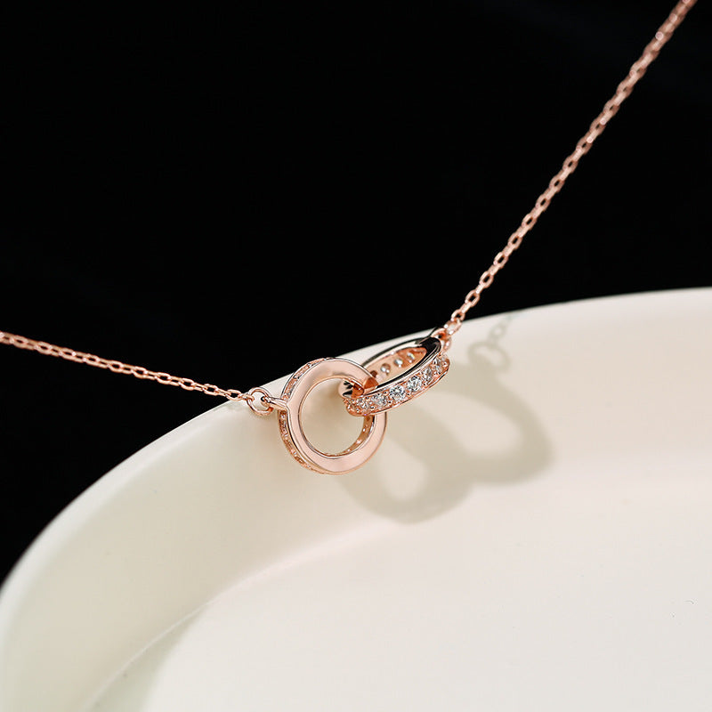 2pc Elegant Interlocking Rings Pendant Necklace with Zirconia Accents - Copper Base, Minimalist Jewelry(Rose gold) Kemu |Fashion Home Kitchen Beauty