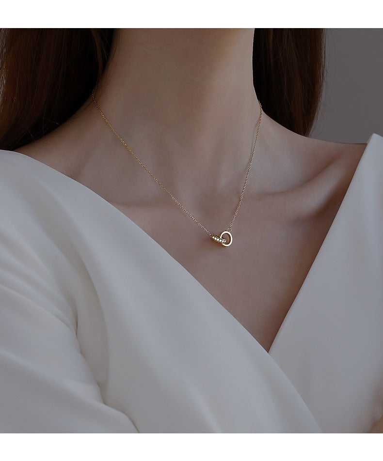 2pc Elegant Interlocking Rings Pendant Necklace with Zirconia Accents - Copper Base, Minimalist Jewelry(Rose gold) Kemu |Fashion Home Kitchen Beauty