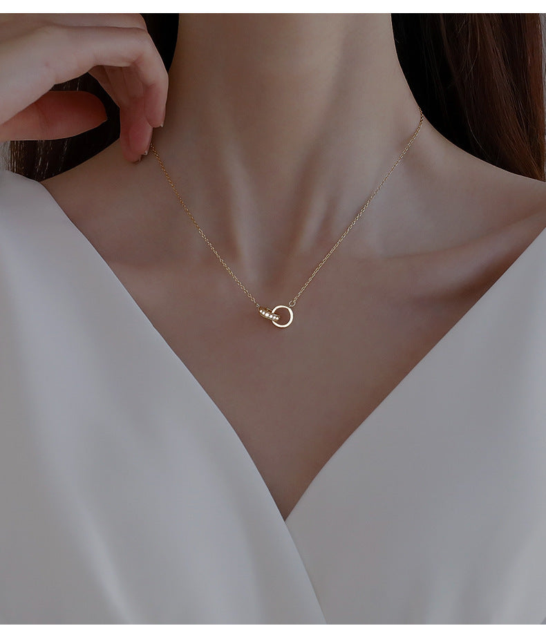 2pc Elegant Interlocking Rings Pendant Necklace with Zirconia Accents - Copper Base, Minimalist Jewelry(Rose gold) Kemu |Fashion Home Kitchen Beauty