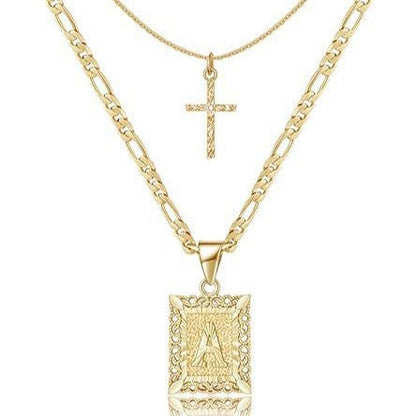 Personalised Copper Adjustable Layered Necklace Set(4PCS) - Custom A-Z Initial Letter Square + Cross Pendant & Double Cross Pendant Stacking Combo Kemu |Fashion Home Kitchen Beauty