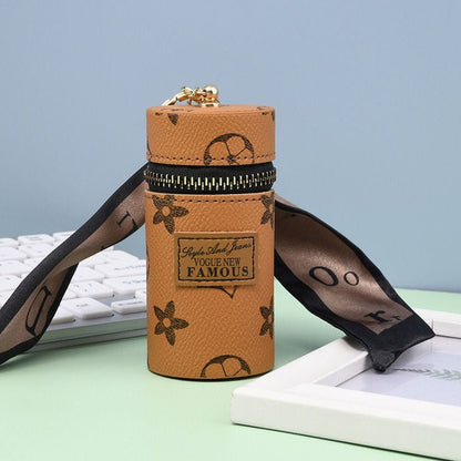 Khaki Mini Cylinder Lipstick Case Keychain with Silk Scarf Charm PU Leather Coin Purse Bag Pendant for Earphones Keys Vintage Floral Pattern Kemu |Fashion Home Kitchen Beauty