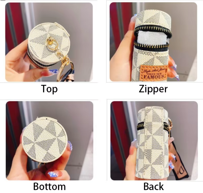Khaki Mini Cylinder Lipstick Case Keychain with Silk Scarf Charm PU Leather Coin Purse Bag Pendant for Earphones Keys Vintage Floral Pattern Kemu |Fashion Home Kitchen Beauty